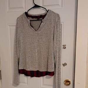 Zac & Rachel Gray V-Neck Sweatshirt with Red Plaid Trim